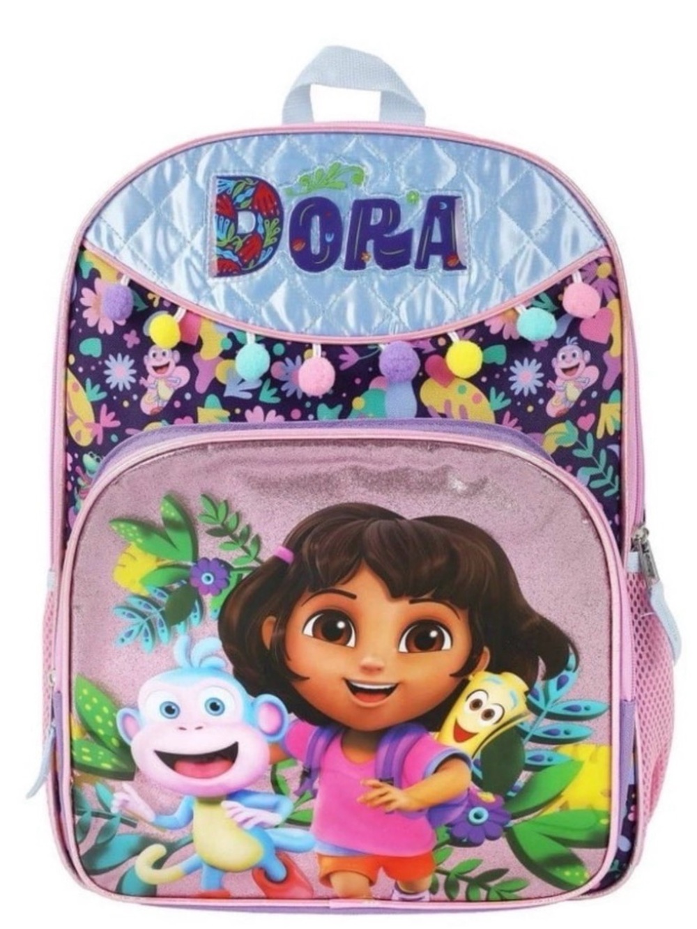 0168: purple and pink Dora the Explorer 16-inch kids' backpack featuring Dora